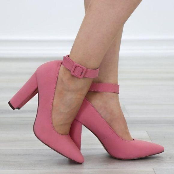 Shoes - Pink Pointy Toe Ankle Brace Buckle Heels